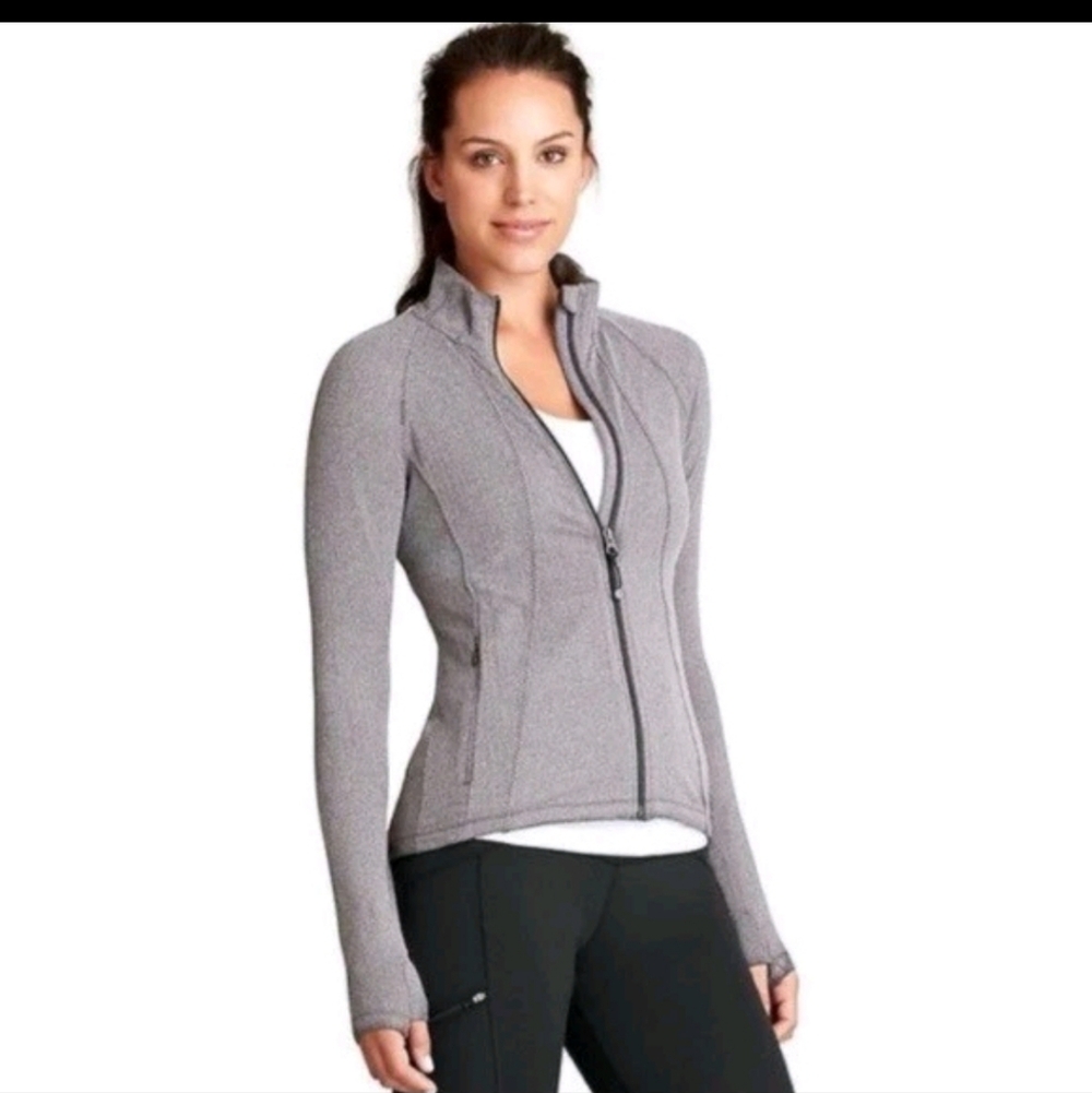 EUC Athleta Criss Cross Hope Fitted Zip Up in  gray double herringbone Sz L